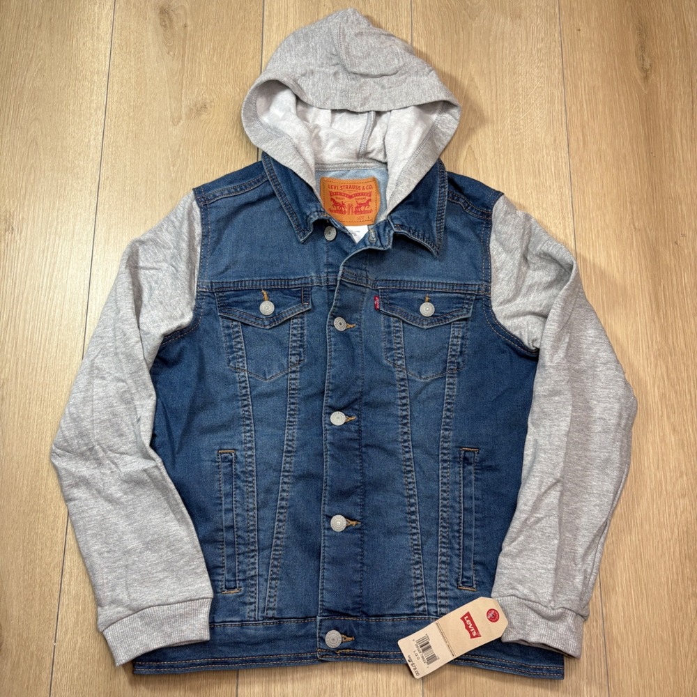 Levis Kids Hybrid Trucker Jacket Hoodie Denim Boys Denim Gray Large 12-13 NWT